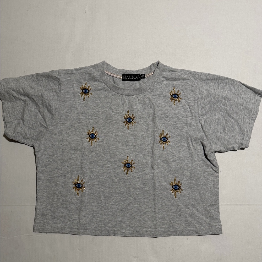 balboa brand grey crop top tee, beaded eyes, women's large t-shirt #1335